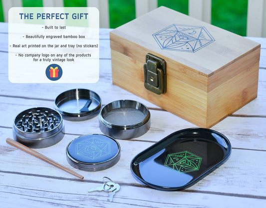 Vintage Stash Box Bundle - Ancient Symbol Design - Grinder - Rolling Tray - Airtight & UV Protecting Glass Jar - Accessory Gift Kit - Secure Storage Box - Lock & Key - Leaf-Way Brand Accessories